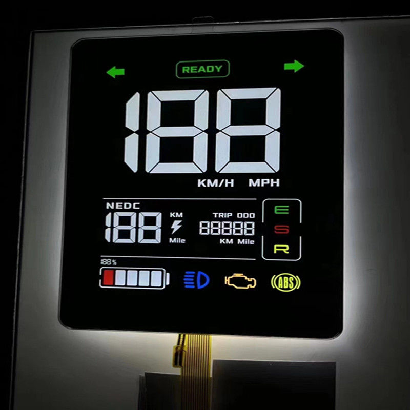 จอ LCD แบบ Segment สีดำ VA แบบกำหนดเอง พิมพ์สีสำหรับแผงหน้าปัดรถยนต์ จอแสดงผล 7 ส่วน จอ LCD 4 หลัก เชื่อมต่อ PIN