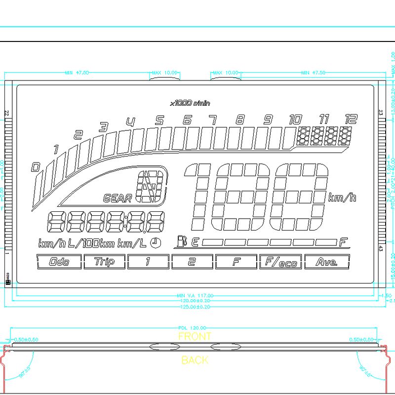 จอแสดงผล LCD HTN LCD Blue Screen แบบกำหนดเอง 7 ส่วนแผง LCD HTN Negative Segment สำหรับมาตรวัดความเร็ว